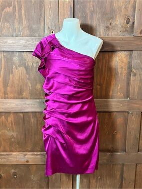Express One-Shoulder Satin Dress in Fuchsia